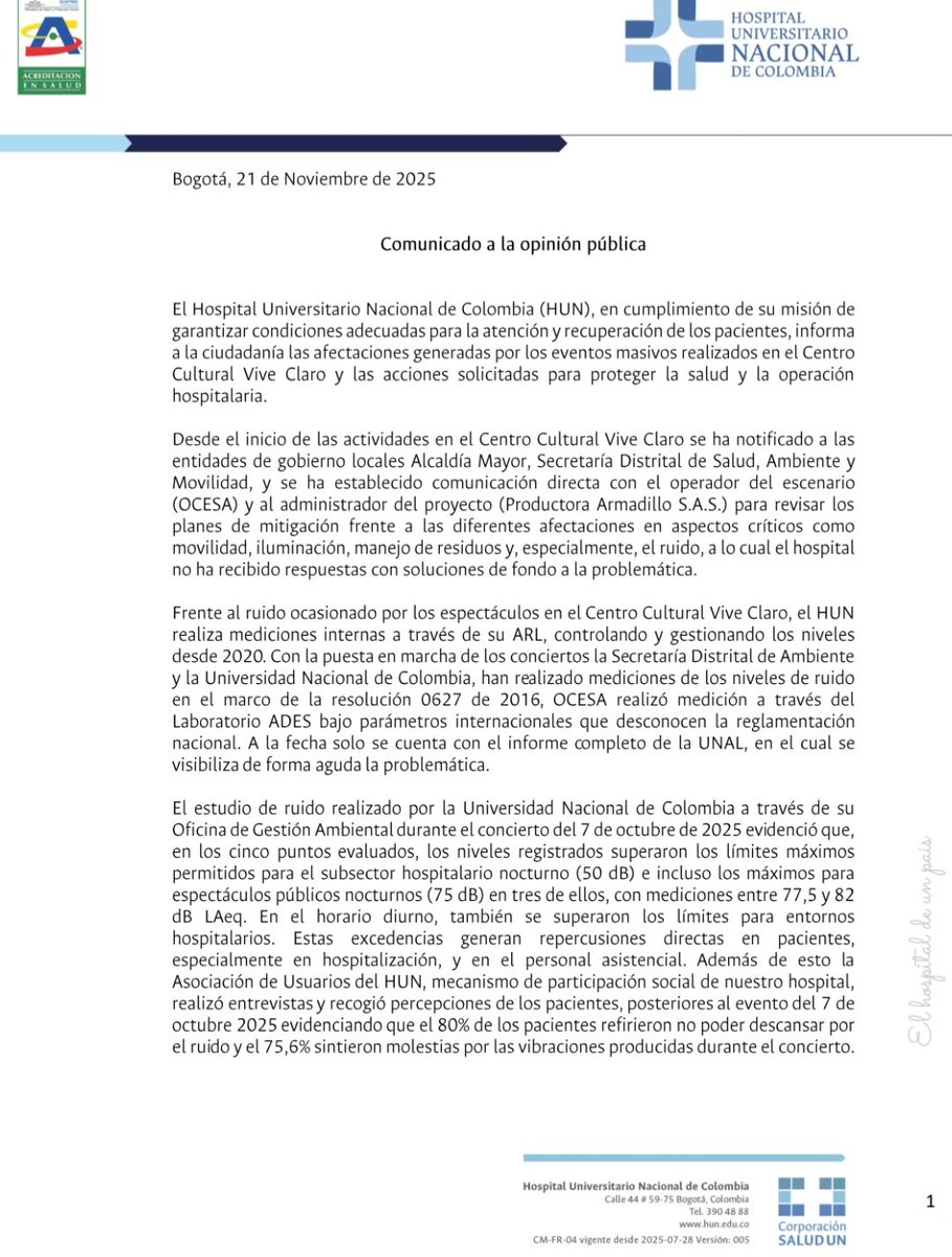 SalitreElGreco's tweet image. La Universidad Nacional SE PRONUNCIÓ ‼️Cuando entenderá la @Bogota qué nos está MATANDO la #afectacion #ruido #torturaacustica #ilegalidad en el Parque Simón Bolívar Centro Bolivariano por los permisos a @ViveClaro_Co @OcesaColombia. No más abusos y violacion de derechos 📣📣