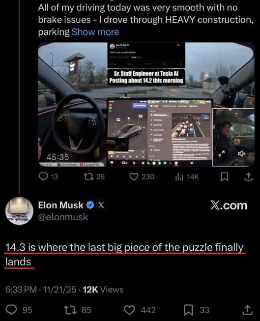 JUST IN:— Elon Musk says FSD v14.3 is where the last big piece of the puzzle finally lands.

$TSLA