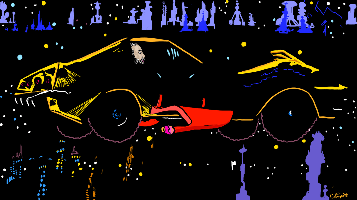 joeychips's tweet image. Night-Vibe-a-Vettino

You want to drive your flying car through the dark of night. You long to be immersed in an ebony sea of airborne light. Yet the invention is just an idea; space cars linger out of sight.
 
Digital drawing handmade by Joe Chiappetta 2025 on iPad in Procreate…