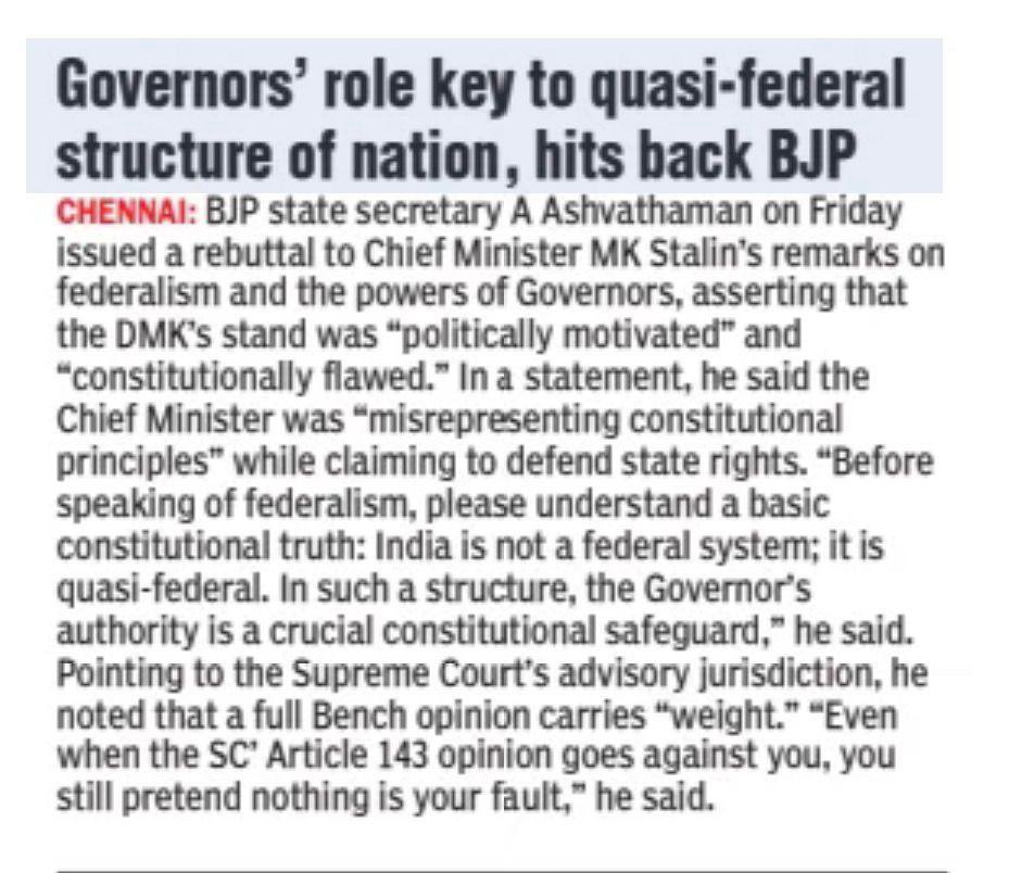 asuvathaman's tweet image. “Governors’ role key to quasi-federal structure of nation”

Reported in DT next