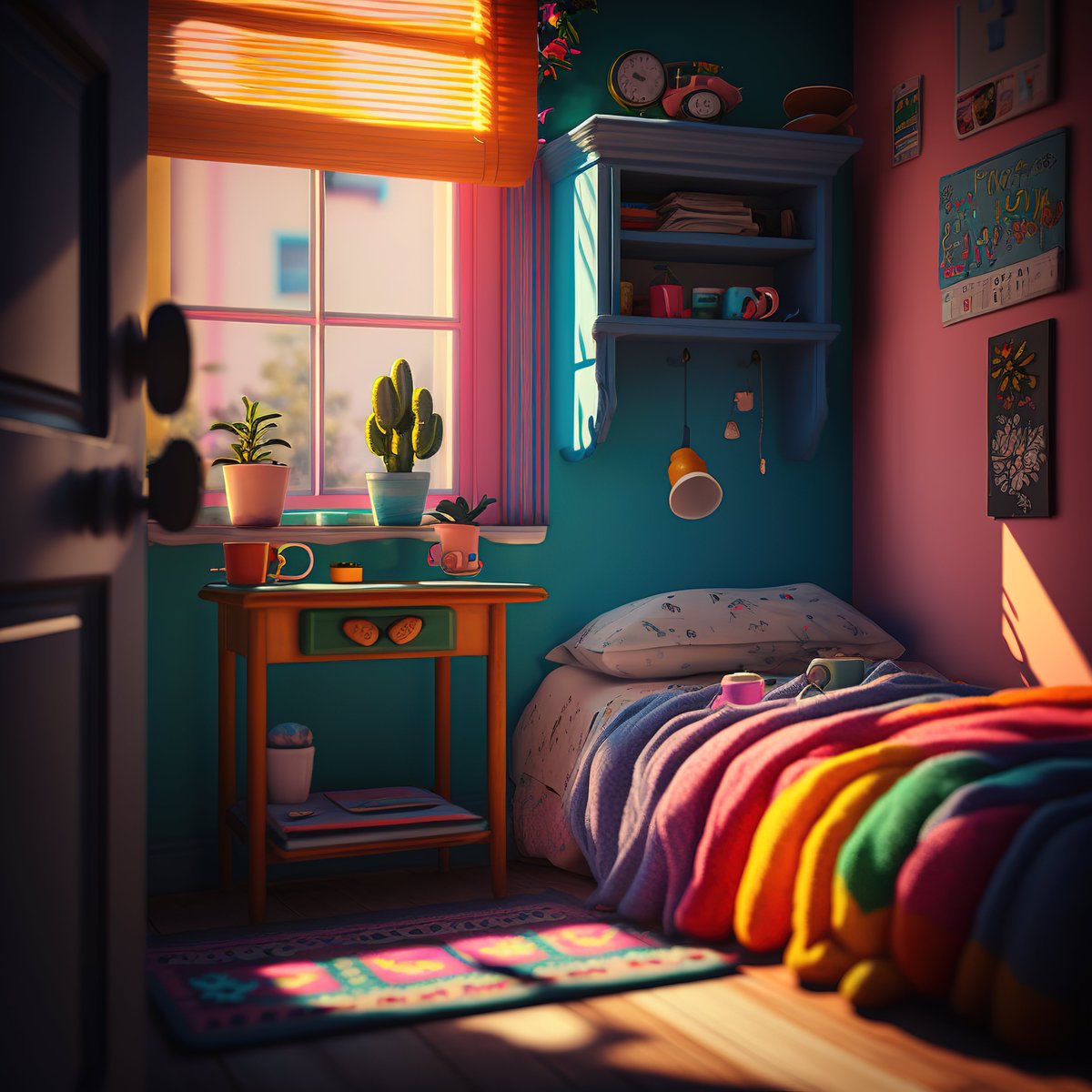 NoBanksNearby's tweet image. 7:00 AM - Warm orange light slashes across the room, painting stripes on the wall. It feels like waking up to possibility, a new day bursting with vibrant potential, just like this colorful blanket. Be here now.

#Blockchain #CreativeCode #MindfulnessArt #AwarenessArt…