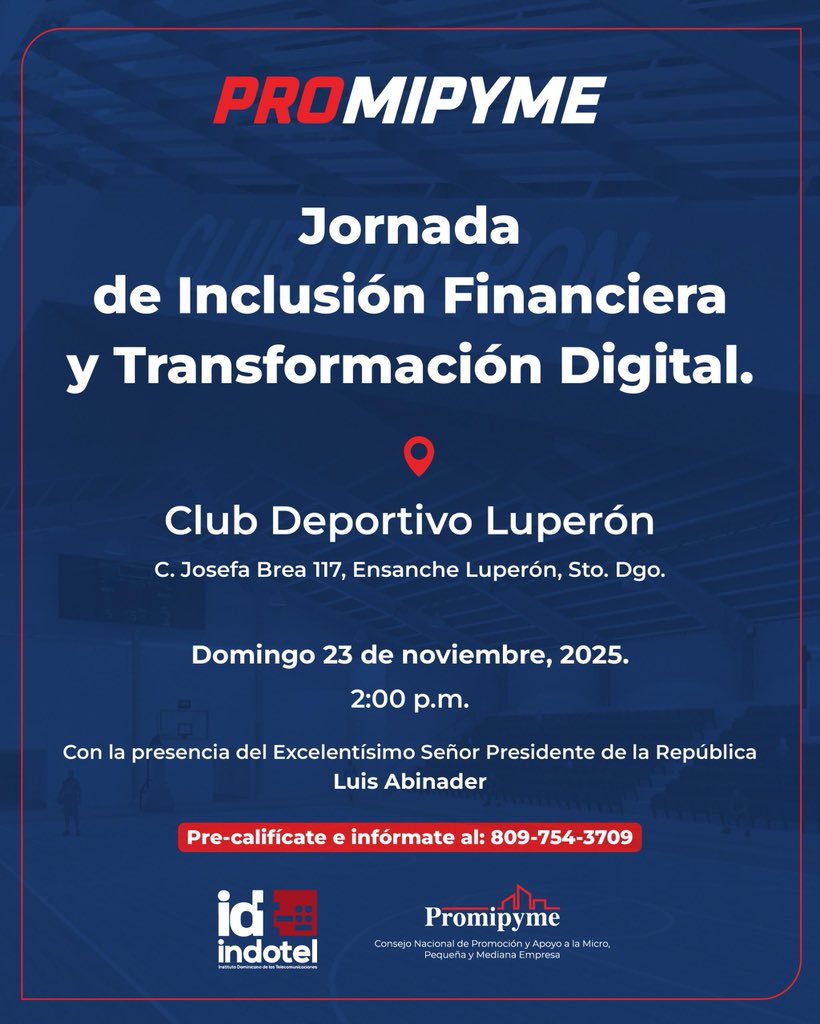 Este domingo 23 de noviembre ProMiPyme <a href="/promipymerd/">Banca Solidaria</a> tendrá su jornada de “Inclusión financiera y transformación digital” con la presencia del Presidente de la República, Luís Abinader. 

#PioDeportes