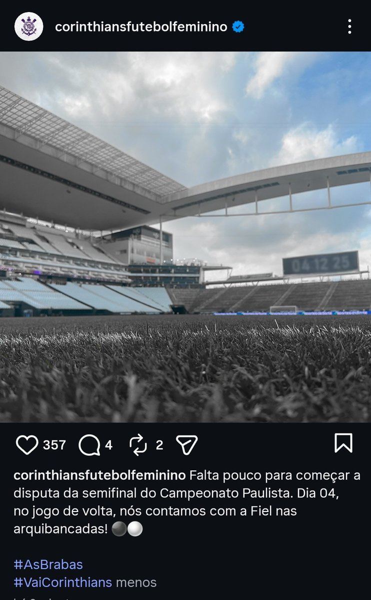 vini_developer2's tweet image. Corinthians confirmando que a semifinal do paulistão feminino contra o São Paulo será na Neo Química Arena

- 04/12
- 21h30