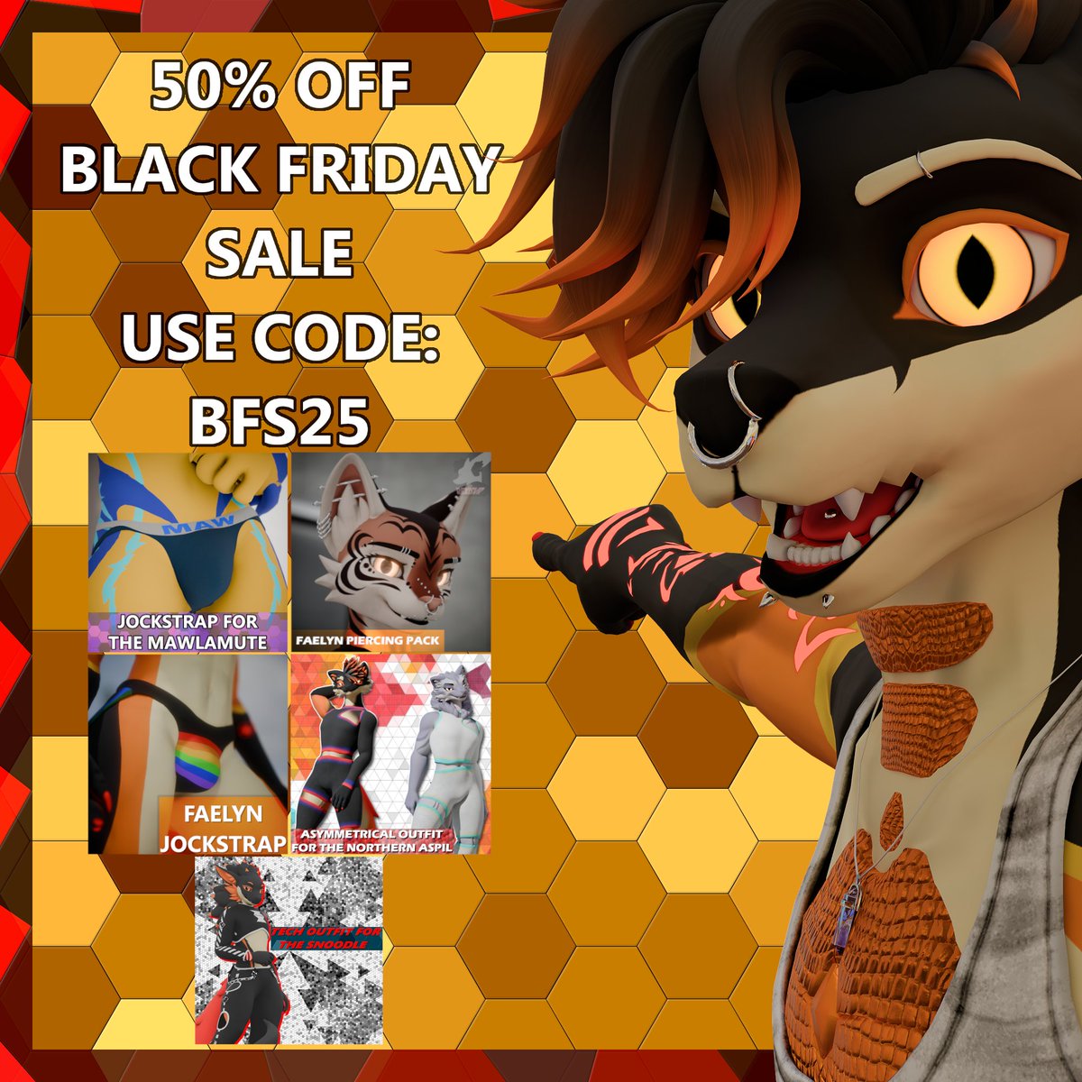 I'm hosting a HUGE sale on ALL of my assets on both Jinxxy and Gumroad for Black Friday! But this sale will be going on until 12:00 AM CST December 2nd!

If you haven't picked up that asset that you've been looking at, now is the perfect time to do it!