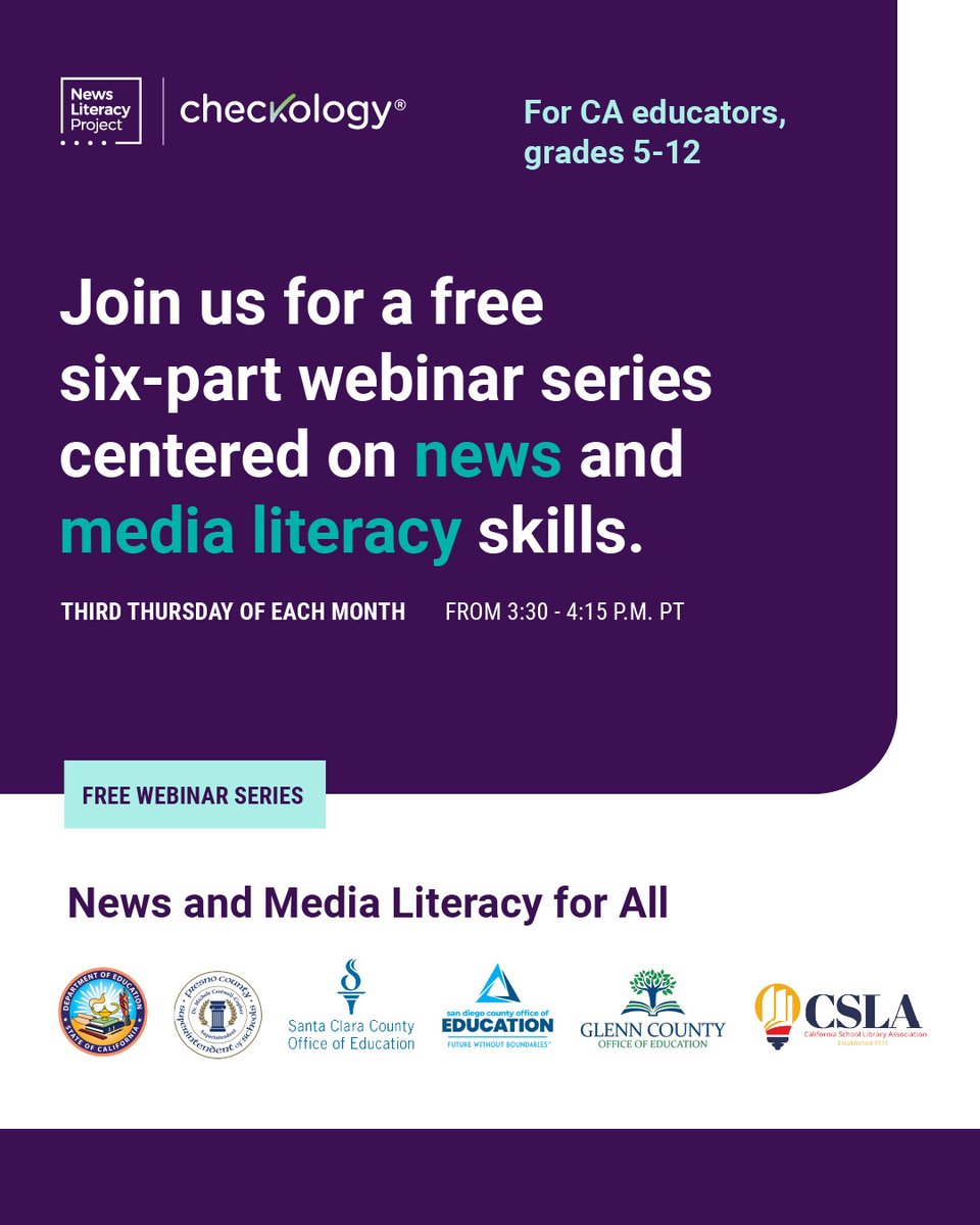 CaProfLearning's tweet image. Did you hear? @CADeptEd and @NewsLitProject are hosting a six-part webinar series centered on news and media literacy skills! Join us for FREE resources and an opportunity to earn graduate level credit! newslit.org/ca-doe-fy26-we…