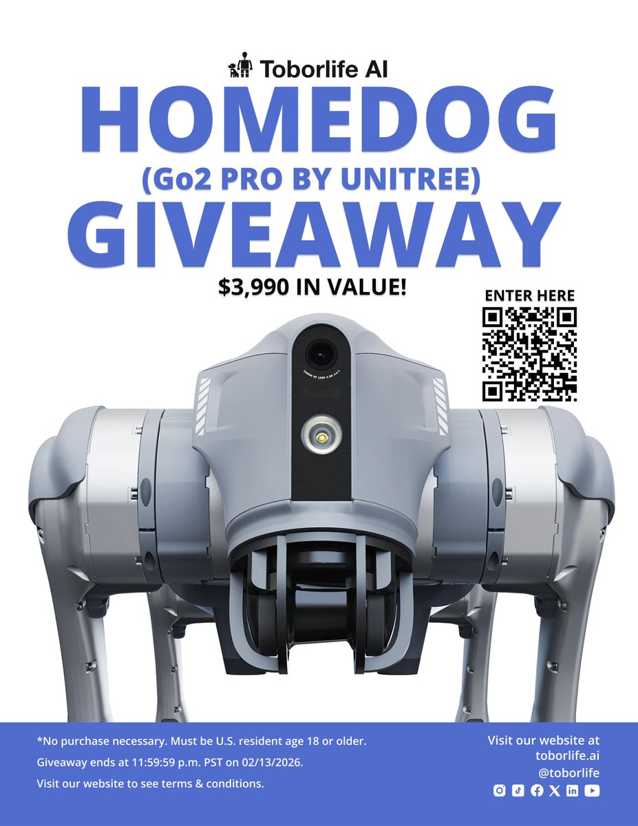 ToborlifeAI's tweet image. 🎉 Giveaway is live!
Missed out last time? Don’t worry. We’ve launched another one!
Jump in now for your chance to win 🚀
👉 Enter now: toborlife.ai/home-dog-givea…

#Robot #Robots #Robotics #Unitree #tech #Innovation #AI
