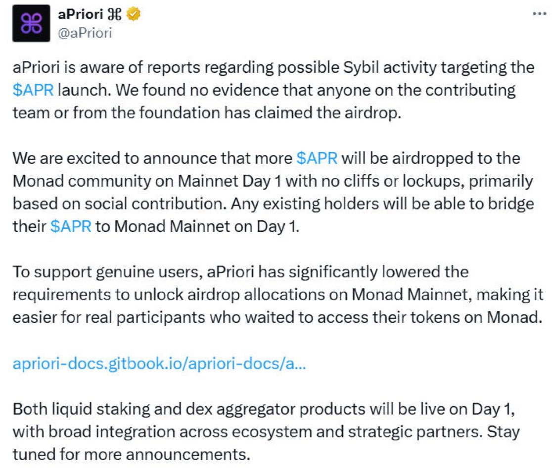 CryptoTweetsWW's tweet image. UPDATE: @aPriori DENIES any #insider #involvement in its #airdrop EVEN THOUGH ONE ENTITY WALKED AWAY WITH ~60% of the #supply ACROSS ~14k wallets.