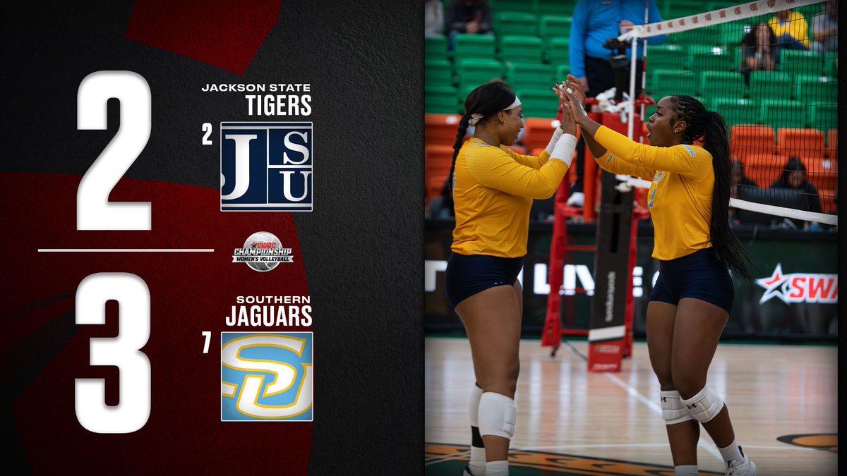 theswac's tweet photo. UPSET ALERT π¨
#7 Southern upsets #2 Jackson State to advance to the Semifinals!!
#SWACVB https://t.co/MPYDEsITu8