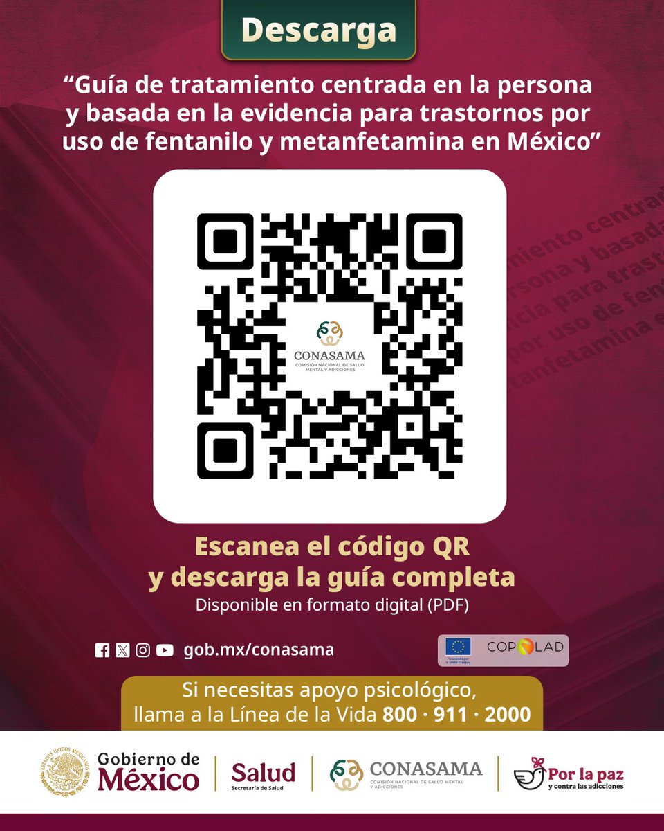 La <a href="/SaludSPPS/">Salud SPSBP</a>  y la #CONASAMA, en colaboración con <a href="/ProgramaCOPOLAD/">COPOLAD</a> , pone a tu disposición la “Guía de tratamiento centrada en la persona y basada en la evidencia para trastornos por uso de fentanilo y metanfetamina en México”.

Escanea el código QR y descarga de forma gratuita