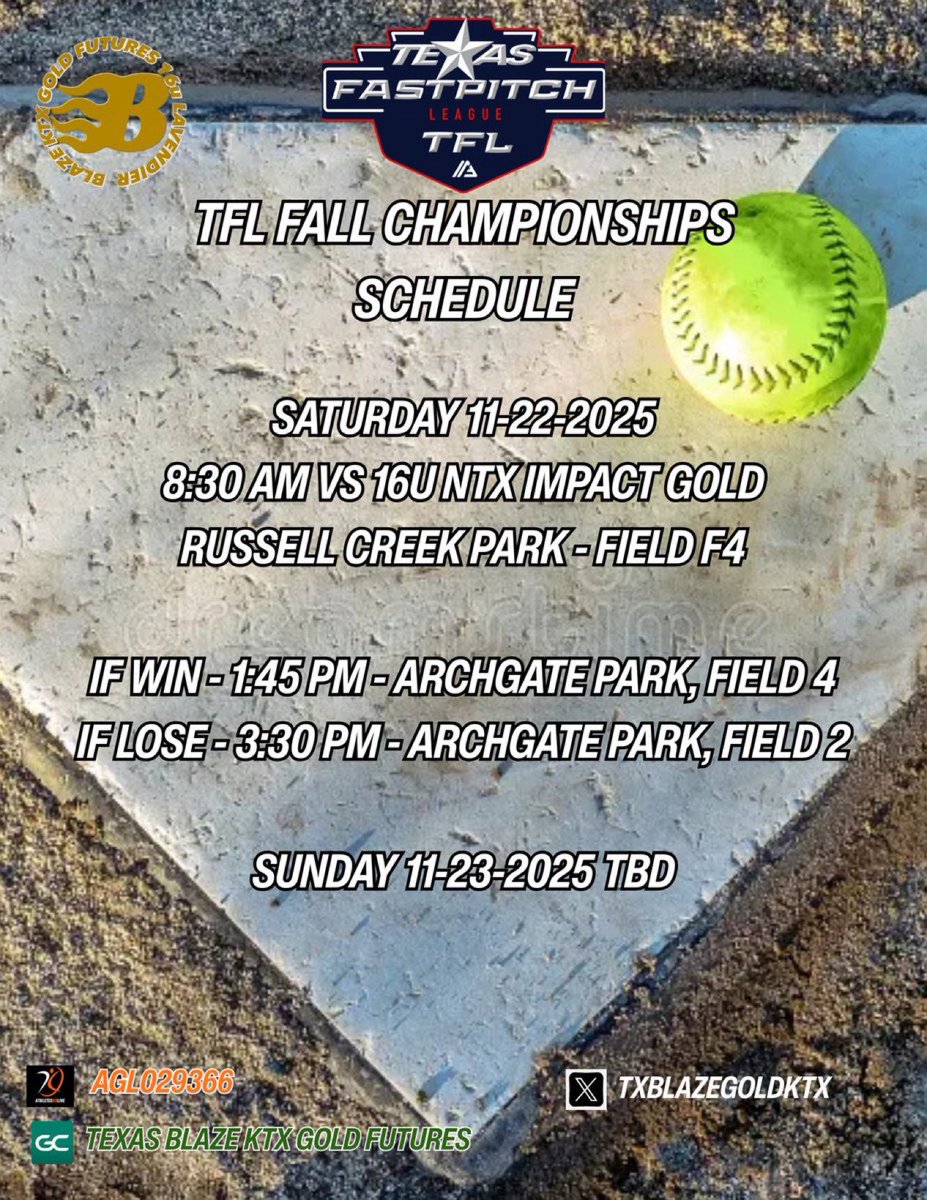 Tomorrow Plano! Hope to see yall there!!!
<a href="/TXBlazeGoldKTX/">Texas Blaze KTX Gold Futures 16U - Lavendier</a> <a href="/MclennanSB/">Mclennan Softball</a>
<a href="/TVCCSoftball/">TVCC SOFTBALL</a> <a href="/MacBulldogsSB/">McPherson Softball🥎</a>
<a href="/SUPiratesSB/">Southwestern SB</a> <a href="/HPUsoftball/">Howard Payne Softball</a>
<a href="/McMSoftballteam/">McMurry Softball</a> <a href="/TUSBTigers/">Trinity Softball</a>
<a href="/SEUSoftball/">St. Edward's Softball</a> <a href="/ctxsoftball/">ctxsoftball</a> <a href="/UIWSoftball/">UIW Softball</a> <a href="/CoachValis/">Garrett Valis</a> <a href="/CoachELeyba/">Eric Leyba</a> <a href="/s_lex23/">Coach Lex</a>