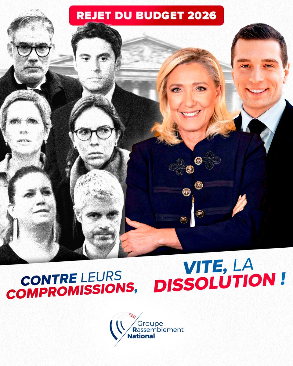 ❌ L’Assemblée nationale vient de rejeter le #Budget2026 en première lecture.

Ce budget est la suite logique des accords passés lors des dernières législatives, qui ont privé la France d’une majorité claire : celle du <a href="/RNational_off/">Rassemblement National</a>.

Sortons du blocage, retournons aux urnes !