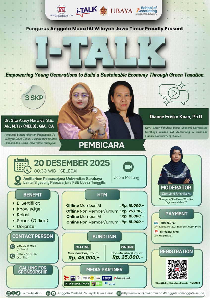 ✨I-TALK 2025!✨

I-TALK 2025 kembali hadir dengan bahasan seru seputar green tax dalam ekonomi berkelanjutan! 

🎙 Tema:
Empowering Young Generations to Build a Sustainable Economy Through Green Taxation

more info on ig @iaimudajatim

#IAIMUDAJATIM #MUDA #BERANI #BERINTEGRITAS