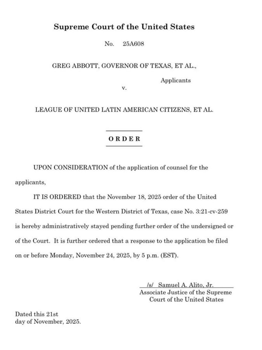 🚨Breaking: Justice Alito administratively pauses lower court’s decision regarding Texas redistricting