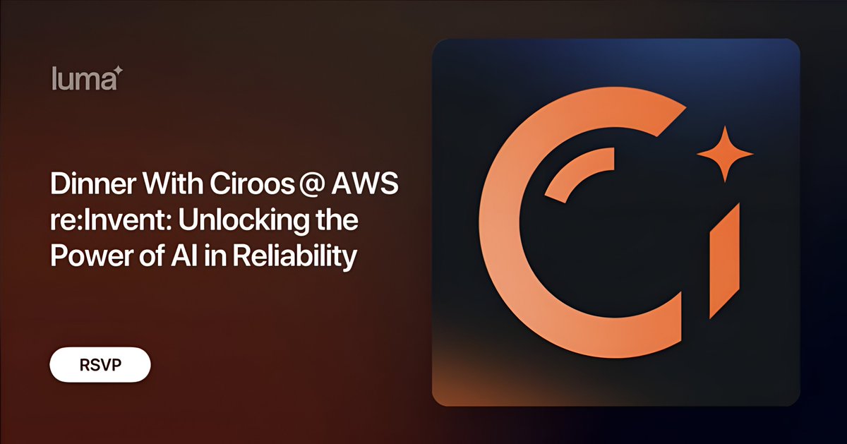 Excited to share that Ciroos is hosting an exclusive dinner during AWS re:Invent 2025 — and we’d love to connect with reliability leaders joining us in Vegas!

🌃 Dinner With Ciroos @ AWS re:Invent: Unlocking the Power of AI in Reliability
📆 December 3rd, 6:30-9:30pm

Join our