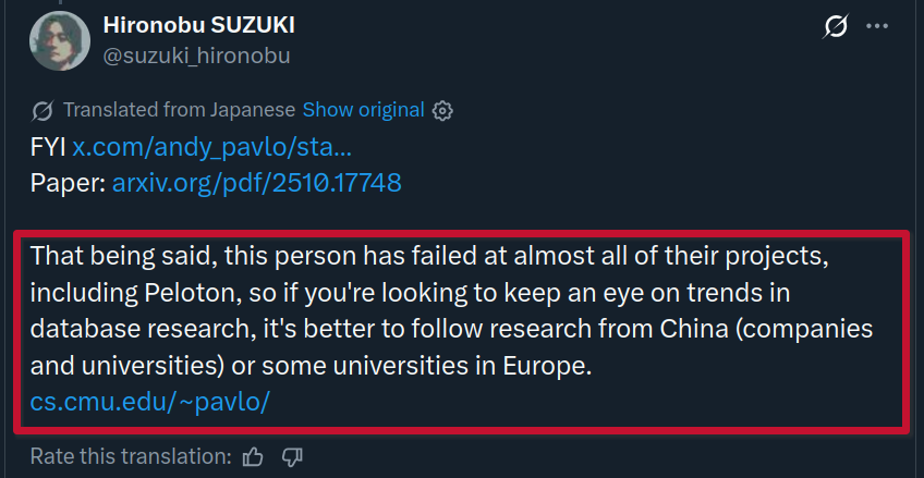 andy_pavlo's tweet image. It depends on your notion of &quot;failure&quot;.
Are the projects dead? Yes.
Did we learn something while doing them? Yes.
Did the projects help educate students on databases? Yes.
Did we cross-pollinate ideas with China/Europe? Yes.

This is research. Ideas/projects will fail.