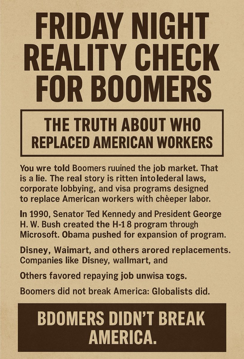 Friday Night Reality Check for Boomers

Week 2: The Truth About Who Replaced American Workers

You were told Boomers ruined the job market. That is a lie. The real story is written in federal laws, corporate lobbying, and visa programs designed to replace American workers with