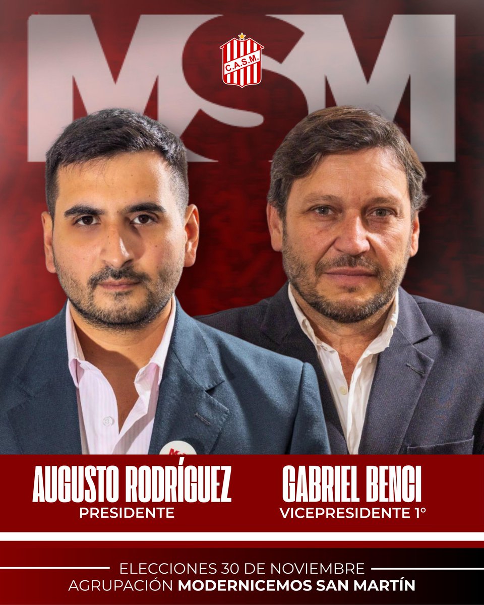 🗳️ Gabriel Benci será el vicepresidente de la lista "Modernicemos San Martín" liderada por Augusto Rodríguez de cara a las elecciones el 30 de Noviembre en #SanMartínTuc. Aparte el Vicepresidente 2° será Adrián Amaya.