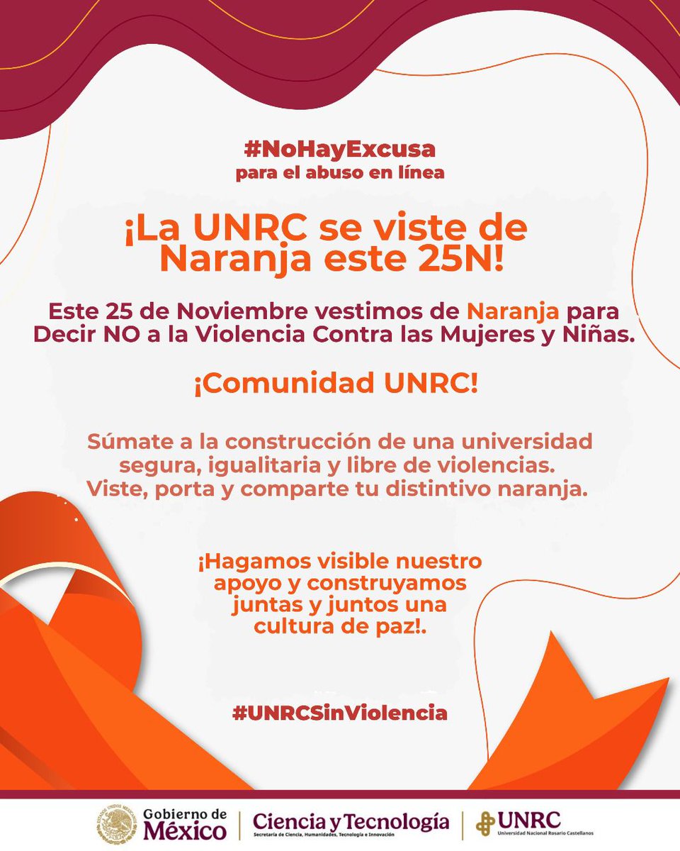 UNRCastellanos's tweet image. ¡El próximo #martes 25 de noviembre, tú también vístete de naranja 🧡 y dile NO a la violencia contra las mujeres y niñas! 

#NoHayExcusa
#UNRCSinViolencia
#25N
#LibresDignasYHumanas
#SomosRosarioCastellanos