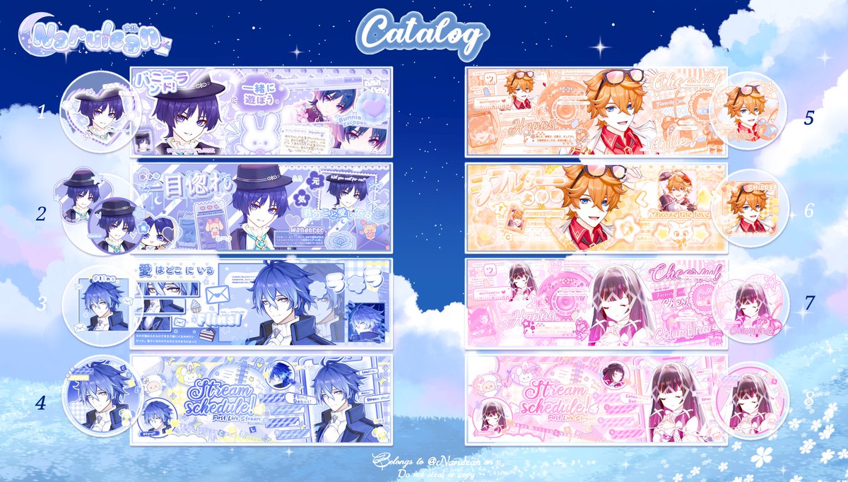 Narulean's tweet image. Help repost? Thanks☁️

Selamat pagii all! Naru bawa layout dari art Genshin festival terbaru🌼 Bisa di take sekarang di DM yaa! Ada Wanderer, Flins, Childe, Columbina. Kalau mau req char/katalog lain juga bisaa, karena sudah ada rendernya🌼
Price on ALT

#zonauang️