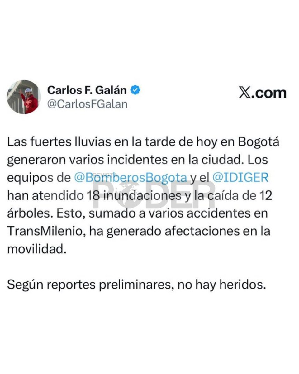 RevistaPODERcol's tweet image. #BOGOTÁ | Fuertes lluvias en Bogotá dejaron 18 inundaciones y la caída de 12 árboles. También hubo incidentes en @TransMilenio y afectaciones en movilidad. Según balance preliminar de @CarlosFGalan no hay heridos.
#RevistaPoder #NoticiasBogotá #Movilidad #LluviasBogotá #IDEAM