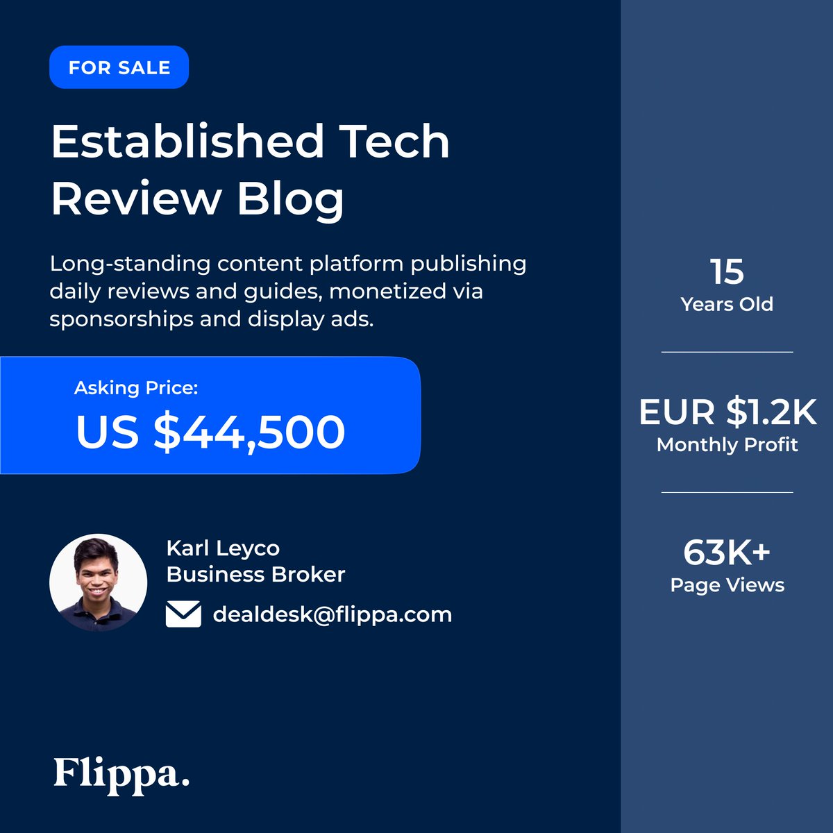 Flippa's tweet image. For Sale – USD $44,500
💻 Preporucamo.com | 15+ Years | Tech Review Blog | 63K Monthly Visitors | 16K FB Followers | 83% Profit Margin | Sponsored Reviews &amp;amp; Display Ads | SEO-Optimized | Turnkey &amp;amp; Scalable
🔗 flippa.com/11668643?buy-s…

#TechBlog #ContentBusiness
