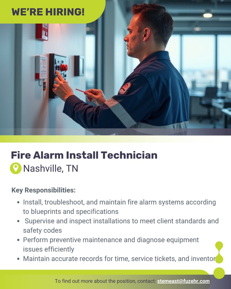 FuzehrUSA's tweet photo. Weโre Recruiting! Fire Alarm Install Technician in Nashville, TN
Apply today: stemeast@fuzehr.com
Click here for full details: https://t.co/AqIXNr3QoZ
#FireAlarmTechnician #LowVoltage #SafetySystems #InstallationJobs #MaintenanceJobs #FuzeHR #NashvilleJobs #TennesseeJobs #USA https://t.co/EfrXcbtSTt