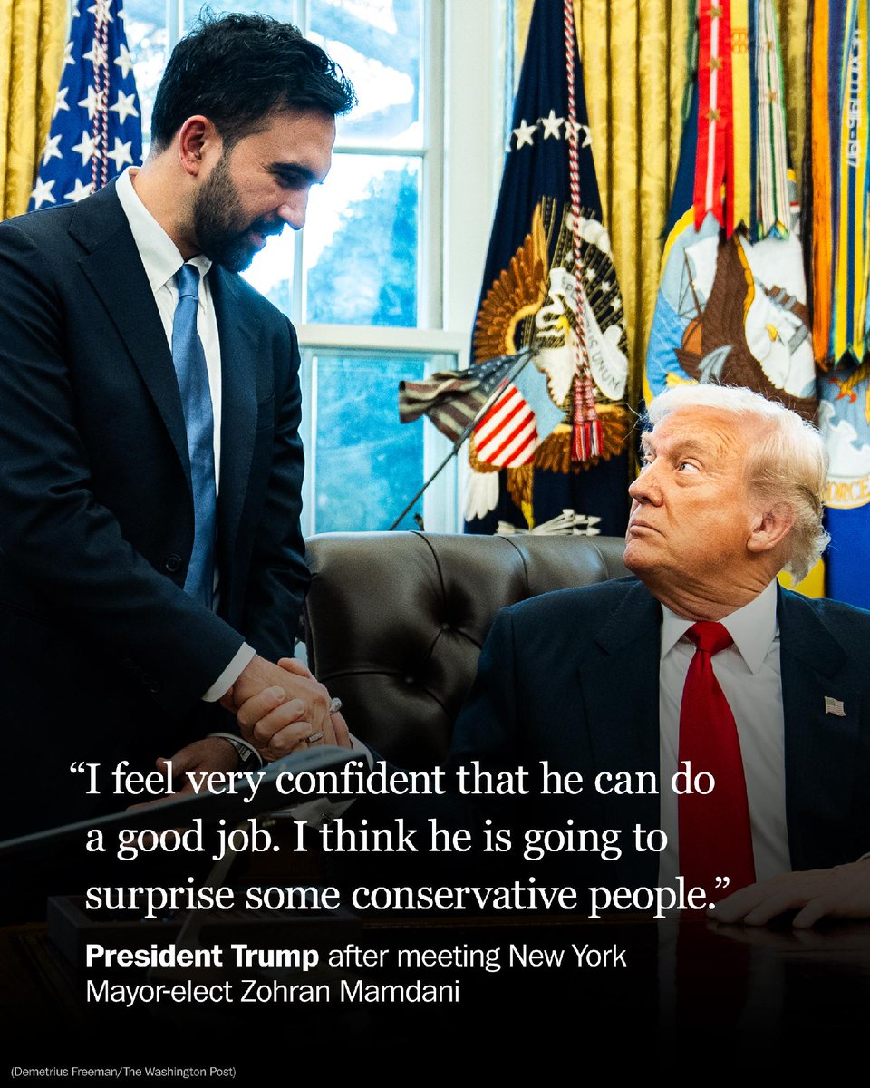 washingtonpost's tweet image. President Trump and New York Mayor-elect Zohran Mamdani emphasized common populist ideals and pledged to work closely together, a sense of agreement that ran afoul of nearly everything their respective political bases have come to expect from them. wapo.st/43IO9x9