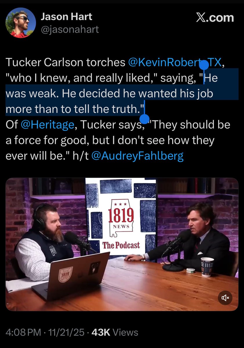 McCormackJohn's tweet image. Tucker Carlson on Kevin Roberts: “He was weak. He decided he wanted his job more than to tell the truth.” 

This is the same Tucker Carlson who withheld his true views about the U.S. president in order to get and keep his job hosting the top political opinion cable news show.