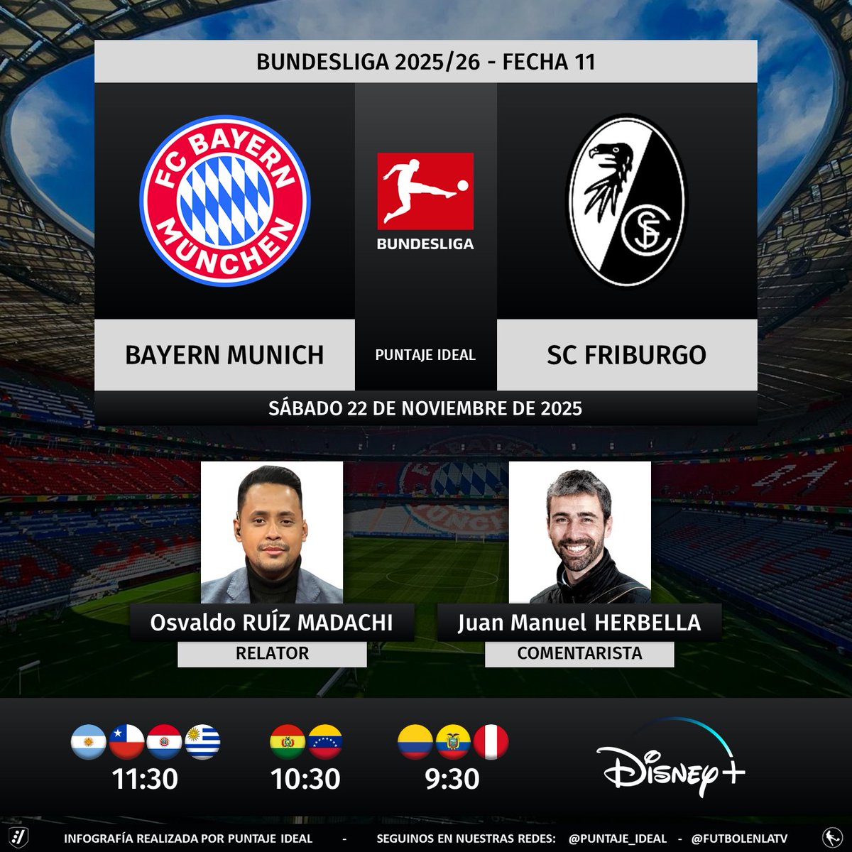 Puntaje_Ideal's tweet image. ⚽ #Bundesliga 🇩🇪 | #FCBayern vs. #Friburgo 
🎙 Relator: @ruizmadachi92
🎙 Comentarista: @JuanHerbella
💻📱 @disneyplusla  Sudamérica
🤳 #BUNDESLIGAxESPN - #FCBSCF 
Dale RT 🔃