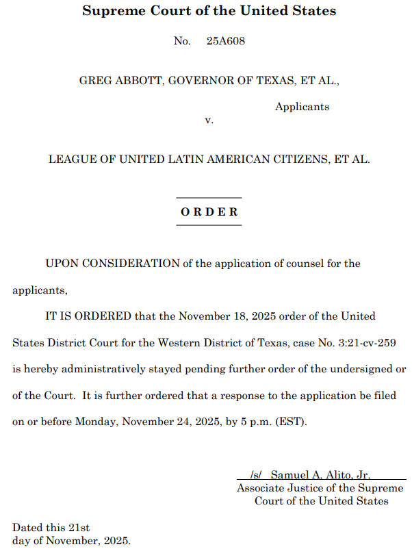 cvasut's tweet photo. Justice Alito has administratively stayed the Panel's order in the Texas redistricting lawsuit. #txlege https://t.co/yQi7UeUxd3