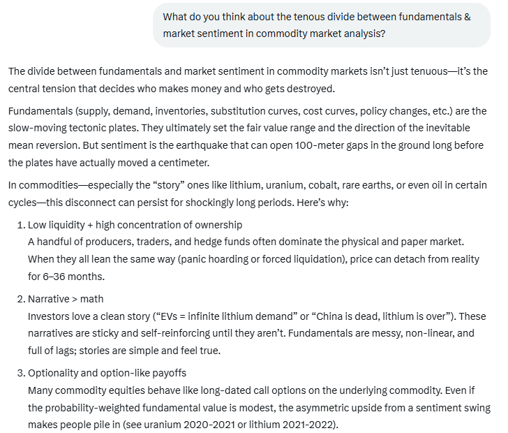 jczuleta's tweet image. Just asked Grok about the tenous divide between fundamentals &amp;amp; market sentiment. I was gladly surprised at its response. The issue is much more complex &amp;amp; exciting than I thought. But thanks, Grok, for implying that I am not that far off in my analysis. 
#lithium
