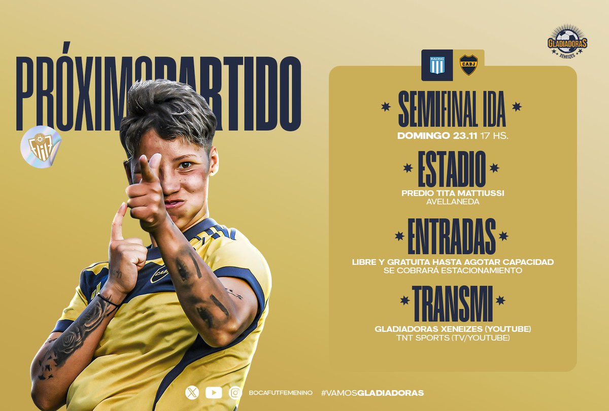 #IDAsemifinal #SegundoTorneo

¡Las Gladiadoras visitan a Racing!

📅 Domingo 23/11
⏰ 17 horas
📍 Predio Tita Mattiussi
🎟️ Libre y gratuita hasta colmar capacidad (se abona estacionamiento)
💻 TNT Sports y LPF Play
🎙️ Gladiadoras Xeneizes (YouTube)

🎨 <a href="/martinflores306/">Martin</a>