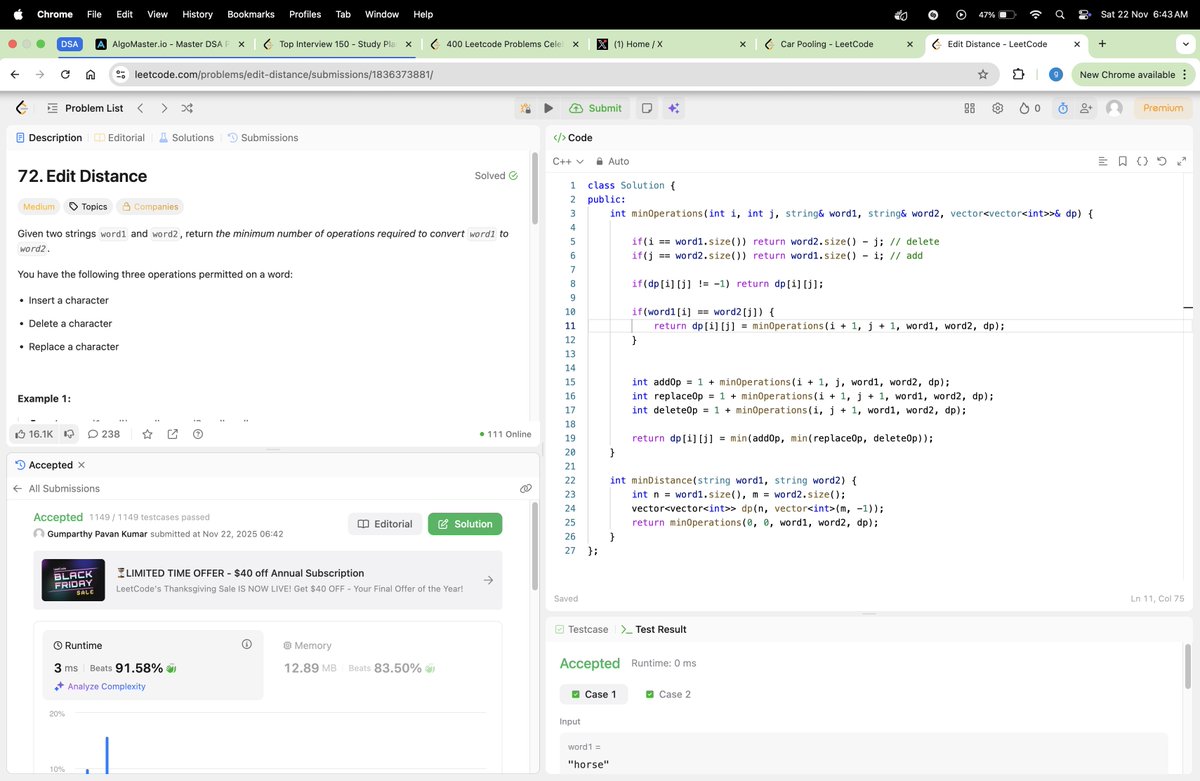 thehungertocode's tweet image. Hello Everyone 👋

Completed #Day691 of the #codeeveryday challenge.

Solved:  Edit Distance

✅ T.C: O(n * m)
✅ S.C: O(n * m)

#consistencyiskey #buildinpublic #developer #Engineering #LeetCode