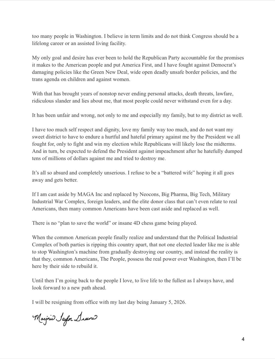 yashar's tweet image. BREAKING 

Congresswoman Marjorie Taylor Greene says she will be resigning from Congress effective January 5, 2026.