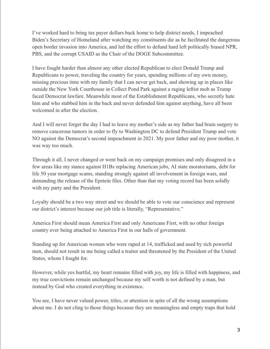 yashar's tweet image. BREAKING 

Congresswoman Marjorie Taylor Greene says she will be resigning from Congress effective January 5, 2026.