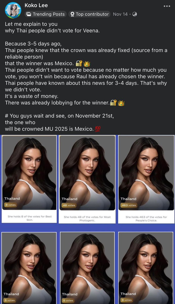 SenyoraNgVball's tweet image. This post from Koko Lee.

Nakakaloka talaga. Kaya pala ang mga pageant vloggers ang dasal ay fair results sa Miss U dahil pati sila ay natimbrehan na.