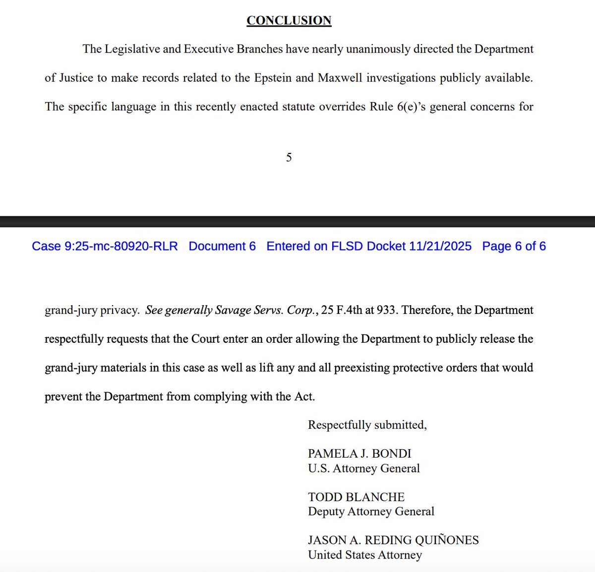 JUST IN: DOJ makes a new attempt to unseal all Epstein grand jury records in Florida, saying the law newly signed by Trump overrides grand jury secrecy laws.

storage.courtlistener.com/recap/gov.usco…