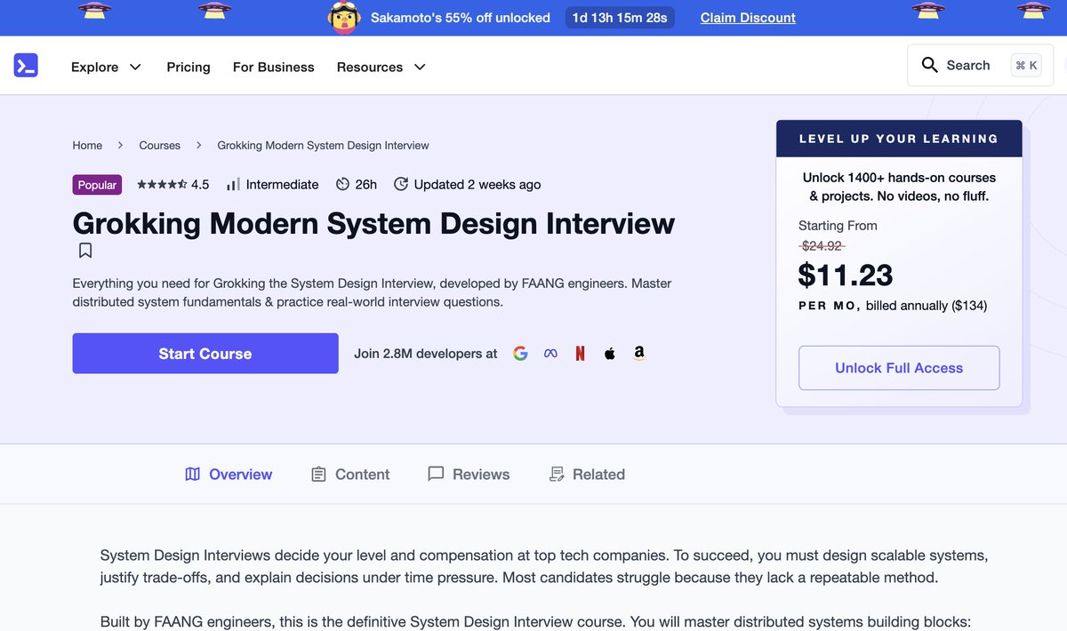 sakamoto_582's tweet image. エンジニア面接対策サービスのブラックフライデーセールのメガスレッド🧵作ります！！いいね・ブクマ推奨。

トップのテック企業目指したい方、レベル感を知りたい方、大規模サービスの設計方法を知りたい方はこのセールの時に買い揃えましょう。

⬇️にそれぞれのサービスの紹介していきます。