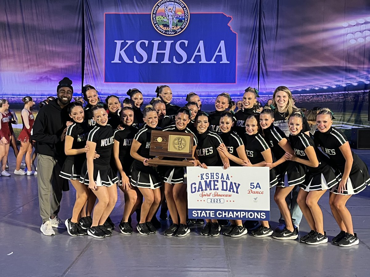 KSHSAA's tweet photo. KSHSAA 2025 Game Day Spirit Showcase -- Dance edition

Class 5A

State champion: Blue Valley Southwest
Runner-up: St James
Third: Basehor Linwood https://t.co/ocd64V7eVL