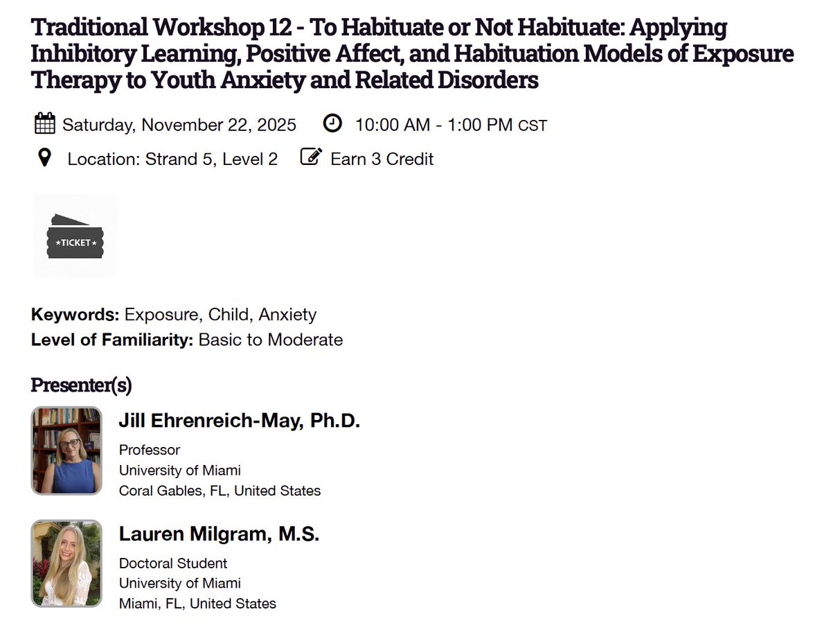 Looking forward to this clinical workshop tomorrow at <a href="/ABCTNOW/">Association for Behavioral and Cognitive Therapies</a>! Dr. Jill Ehrenreich-May and I will be discussing theories and applications of exposure therapy for youth anxiety disorders. Join us!