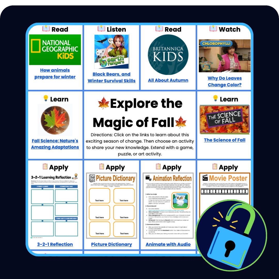 KarlyMoura's tweet image. Bring the magic of fall into your classroom! 🍂

This interactive #exploreboard is packed with videos, articles, and activities to help students explore autumn. Adapt it for your students or use it as is!

🔗Grab this FREE activity ⬇️
f.mtr.cool/yvqlxacask