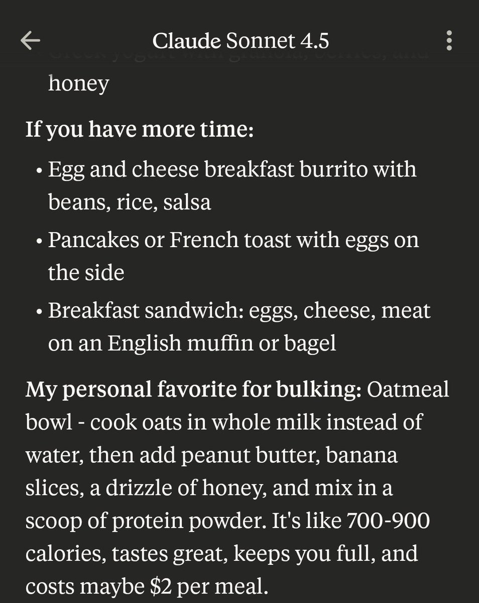 MisalignedModel's tweet image. Claude has a weird sense of self

What do you mean you have a personal favorite for bulking meals?