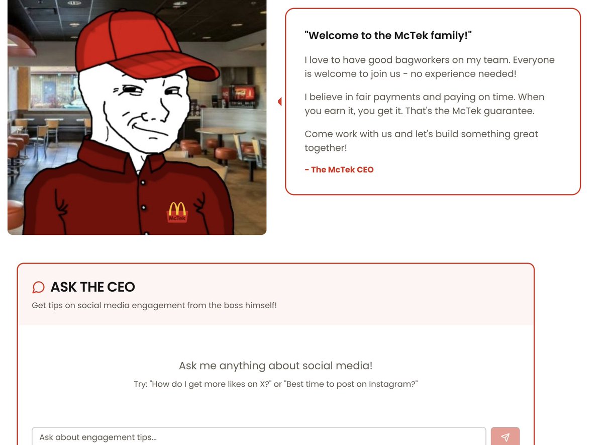 mcteksolana's tweet image. You can also reach out directly to the McTek CEO for advice. 

He’s available 24/7 to offer tips, guidance, and strategies to help you boost your engagement and grow your impact.

mctek.fun