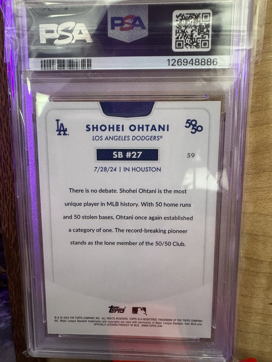 I am listing my first item ever on eBay. A beautiful Shohei Ohtani 50/50 SSP (super short print) Kanji stolen base #27. 

I might even throw in a signed Louis the Lobster kid’s book for the hell of it :-)

PSA 9, Pop 3. Only 3 others with a higher grade.

It could be yours!
