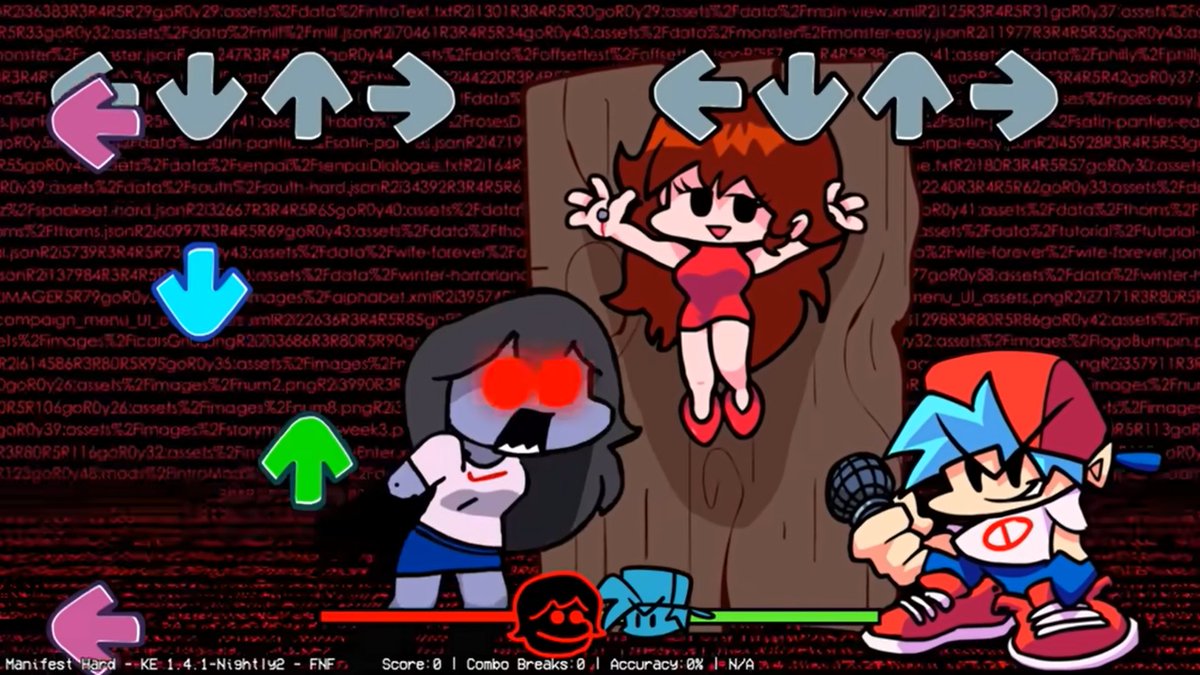 aceantarctic's tweet image. #HeartbreakHavoc #skyfnf #skyverse Holy shit I just realised something big about the mod while looking through the files

So, we all remember how the old Manifest song had all the code strings in the bg right?

Well, those are still there in Redux... and expanded on 🧵