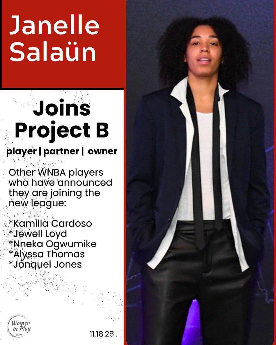 wmninplay's tweet image. #projectb 
Kamilla Cardoso (Chicago Sky) and Janelle Salaün (Golden State Valkyries) have publicly announced their decision to join Project B. They are among other WNBA players, including Jewell Loyd, Jonquel Jones, Nneka Ogwumike, and Alyssa Thomas. Li Meng, a former WNBA…
