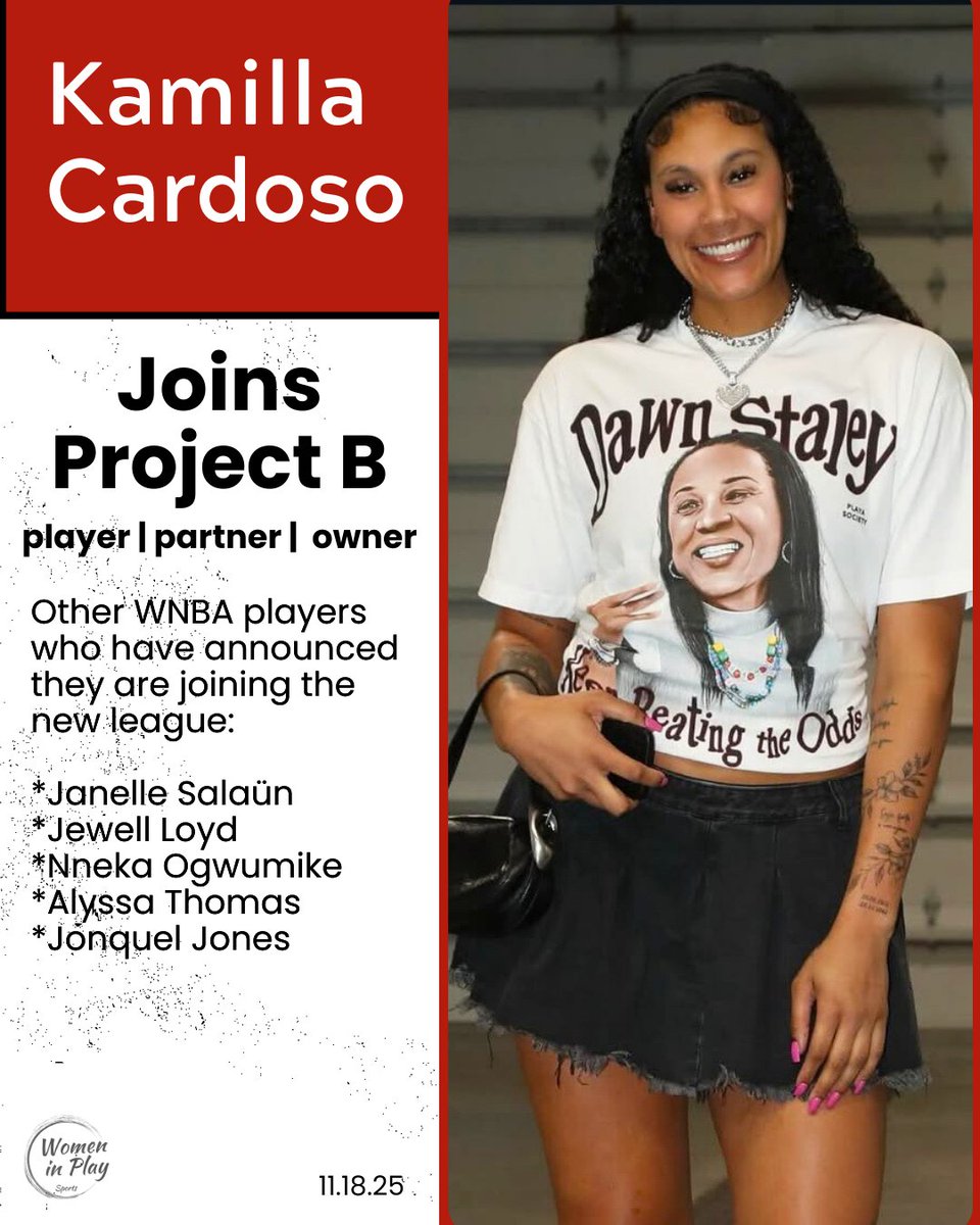 wmninplay's tweet image. #projectb 
Kamilla Cardoso (Chicago Sky) and Janelle Salaün (Golden State Valkyries) have publicly announced their decision to join Project B. They are among other WNBA players, including Jewell Loyd, Jonquel Jones, Nneka Ogwumike, and Alyssa Thomas. Li Meng, a former WNBA…
