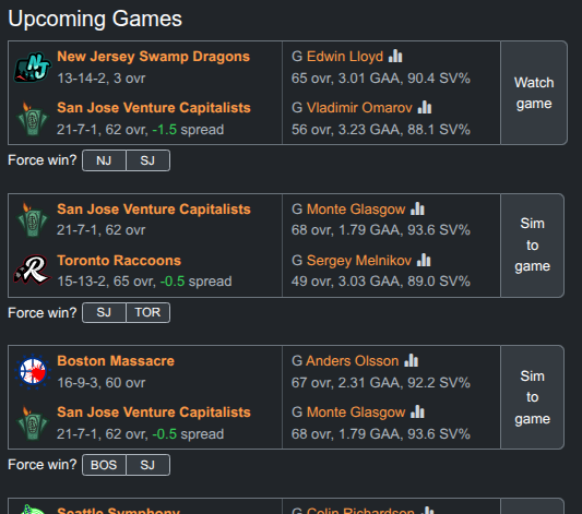 ZenGMGames's tweet photo. ...and similarly in ZenGM Hockey version 2025.11.21.1249, projected starting goalies are shown in the schedule, rather than the best player on each team. https://t.co/h29ql7NbdX