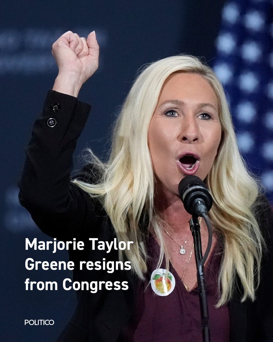 politico's tweet photo. BREAKING: Marjorie Taylor Greene, the onetime MAGA loyalist who rose to prominence for her ardent support of Trump, says she is resigning from Congress after a public feud with him.

Read more: https://t.co/TTKwtx7HpI https://t.co/mKmYx1PsSU