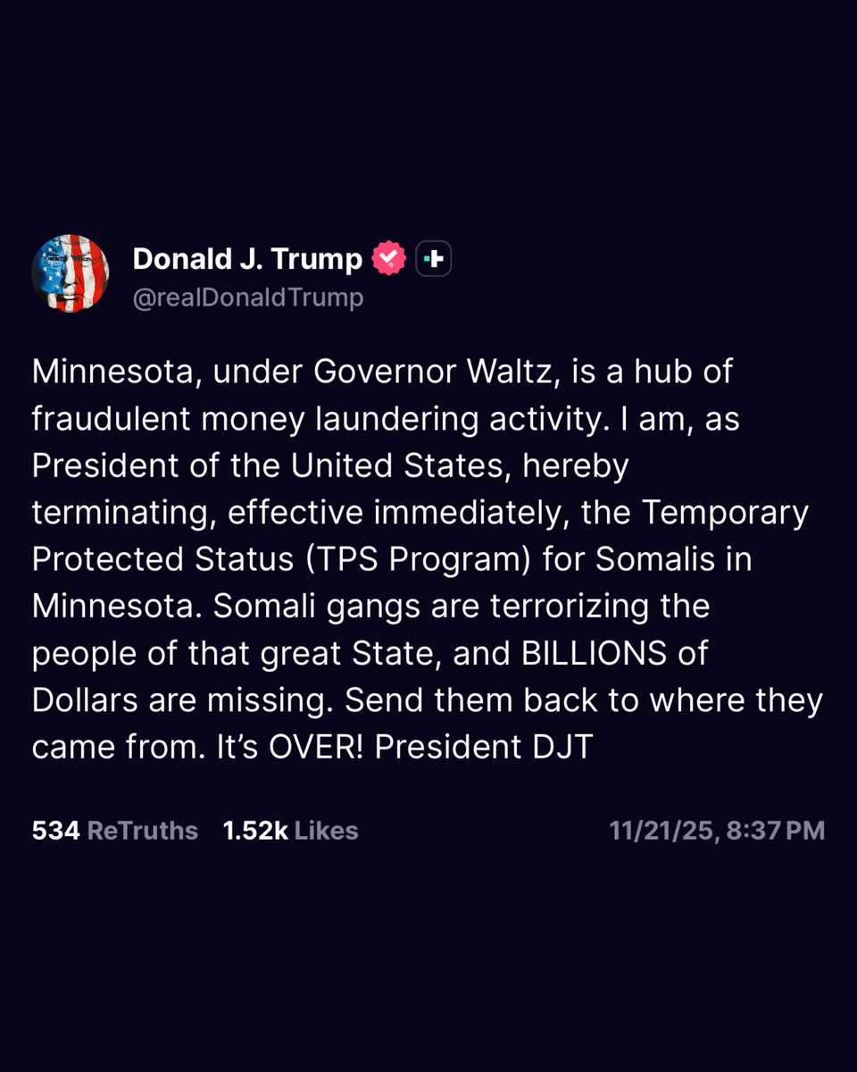 nicksortor's tweet image. 🚨 BREAKING: President Trump announced he is TERMINATING “temporary protect status” for all Somalis in Minnesota

Ilhan Omar is going to lose her SH*T over this one.

SEND THEM ALL BACK! NOW!

Hundreds of THOUSANDS of them have taken over Minnesota, and have stolen hundreds of…